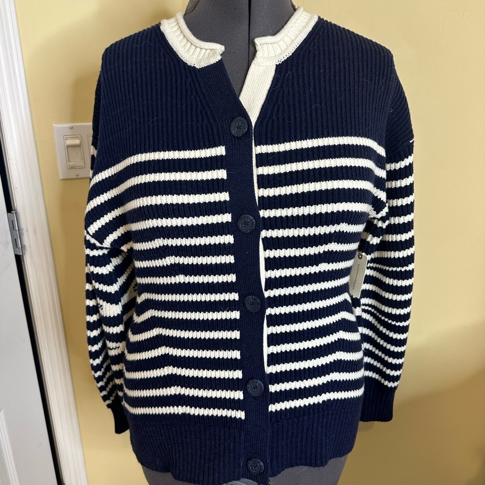 NWT Anthropologie Maeve blouson sleeve button up cardigan navy and white - Picture 5 of 17